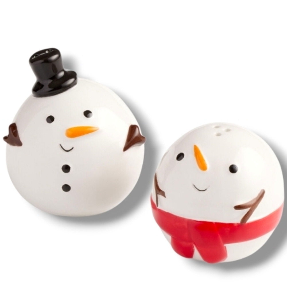 Holiday Snowman Smile Heads Ceramic SALT & PEPPER SHAKERS Set Christmas * NEW *